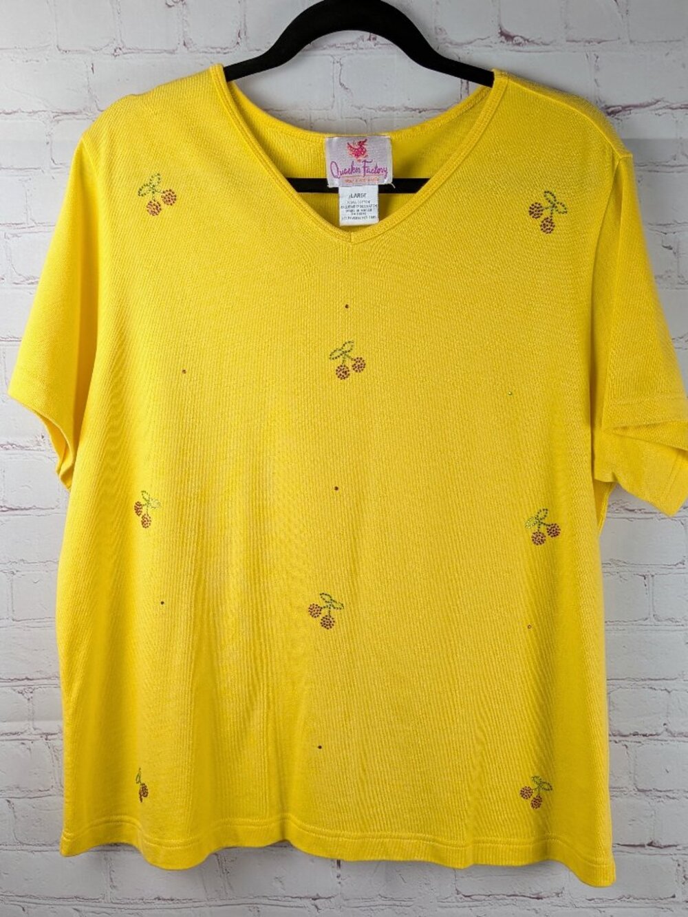 Quacker Factory Rhinestone Cherries Yellow Top L